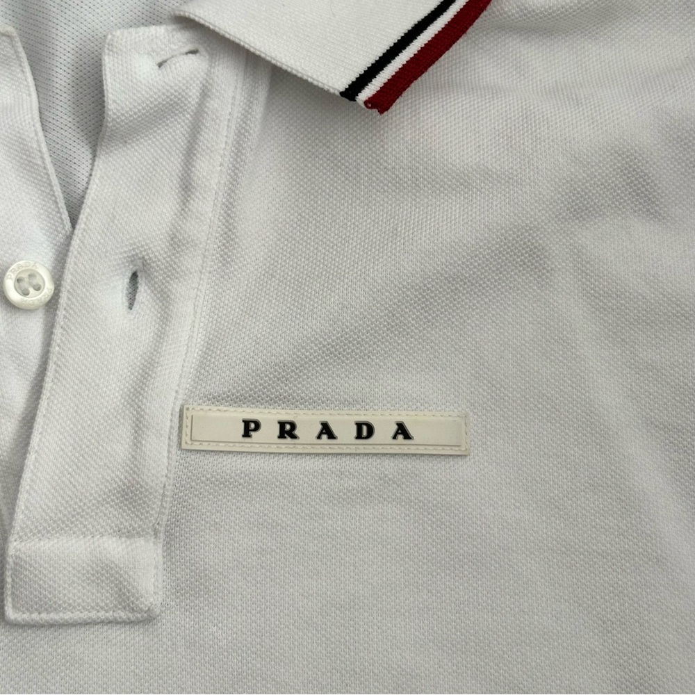 Prada White Polo with Red and Black Collar Stripes